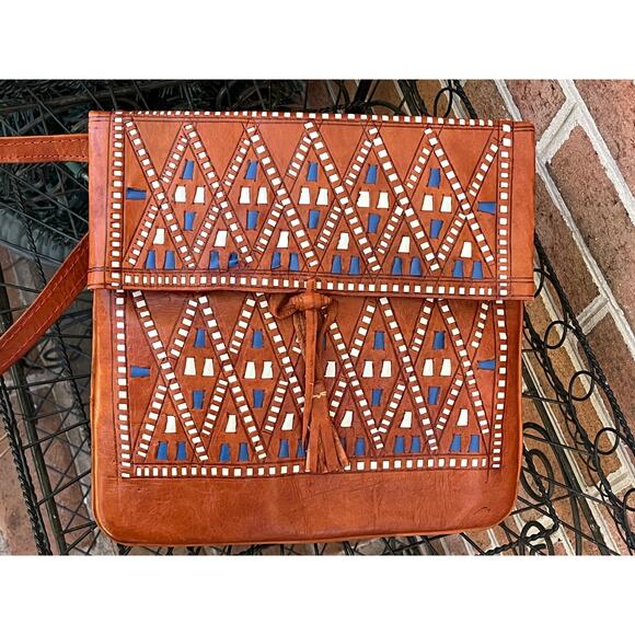 Tuareg Camel Skin Leather Handbag Handcrafted Morocco Boho Fringe Tassel - Picture 2 of 11